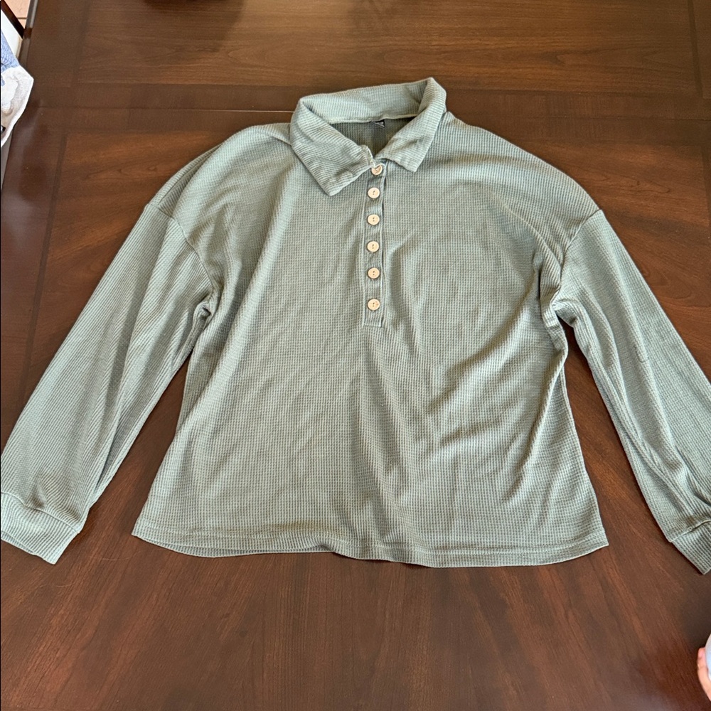 SHEIN Sage Green Long-Sleeve Button-Down Polo Shirt